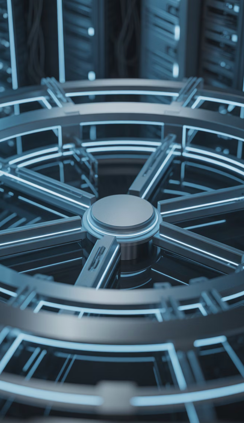 Futuristic circular device with glowing blue lights, possibly a core element in a sci-fi setting.